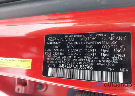 2020 Hyundai Kona Sel z USA, uszkodzony, nr VIN KM8K22AA2LU567955